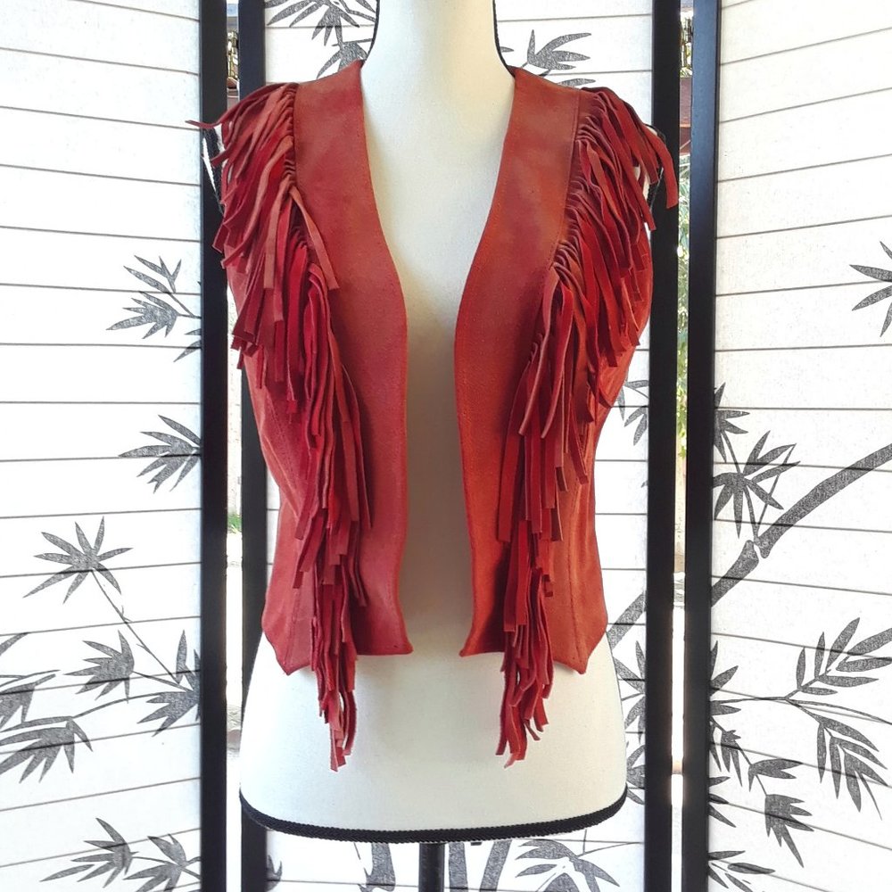 RARE Vintage 1970s Red Sun Faded Suede Fringe Vest Jacket - Picture 1 of 16